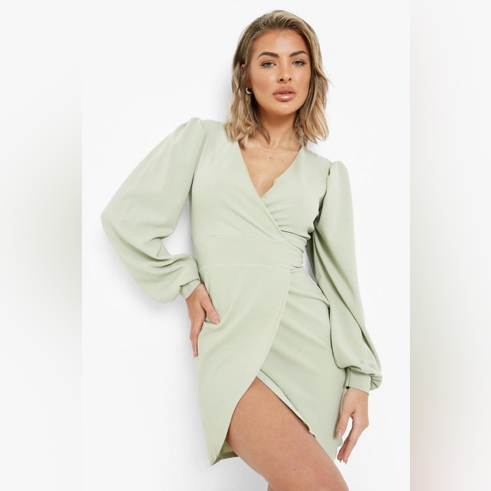 Boohoo PUFF SLEEVE WRAP MINI DRESS